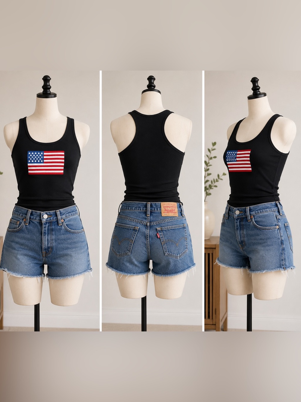 Zenana Outfitters Embroidered American Flag Racerback Tank Top Black Patriotic - Picture 2 of 7